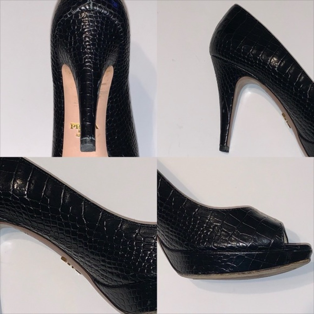 Vtg Prada Sz 36.5 Black Crocodile Embossed Leather Peep Toe Platform Pumps Heels - Picture 11 of 16